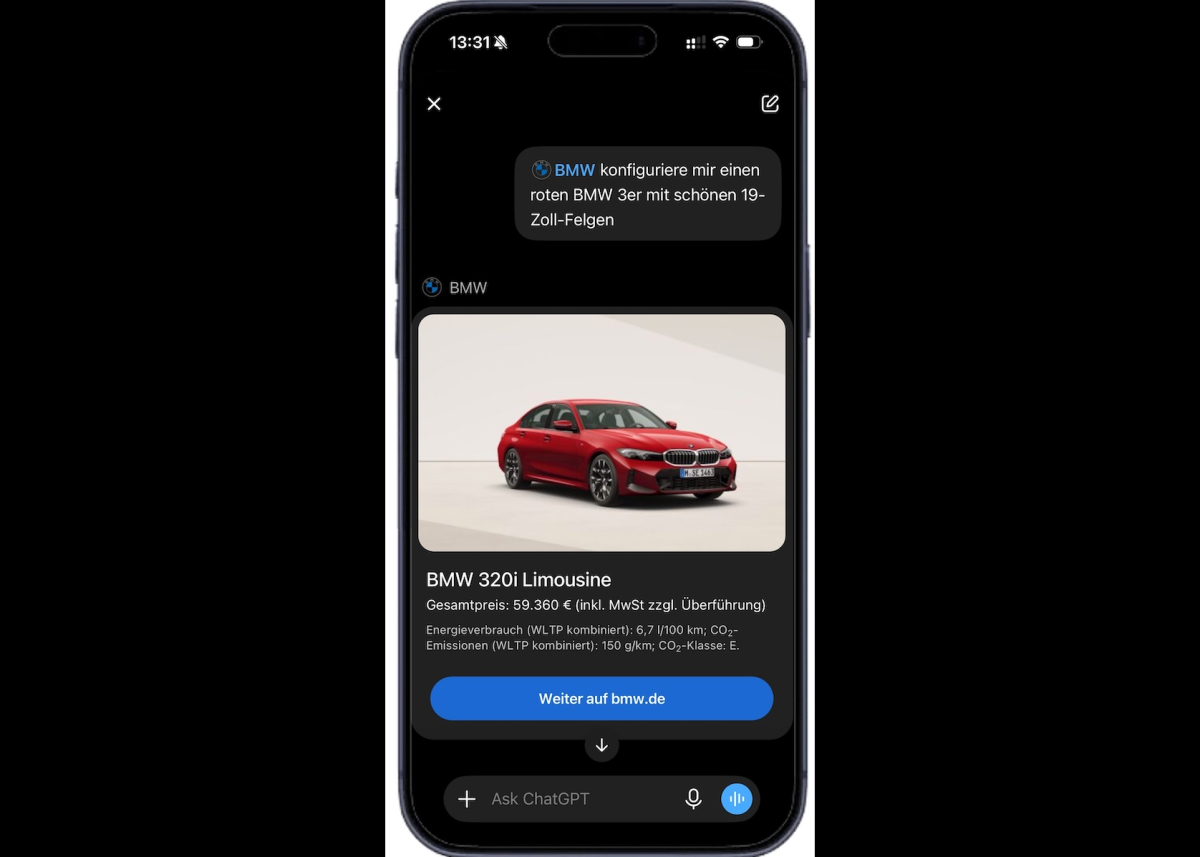 BMW bringt den Fahrzeugkonfigurator als dialogbasiertes Plugin in ChatGPT von OpenAI