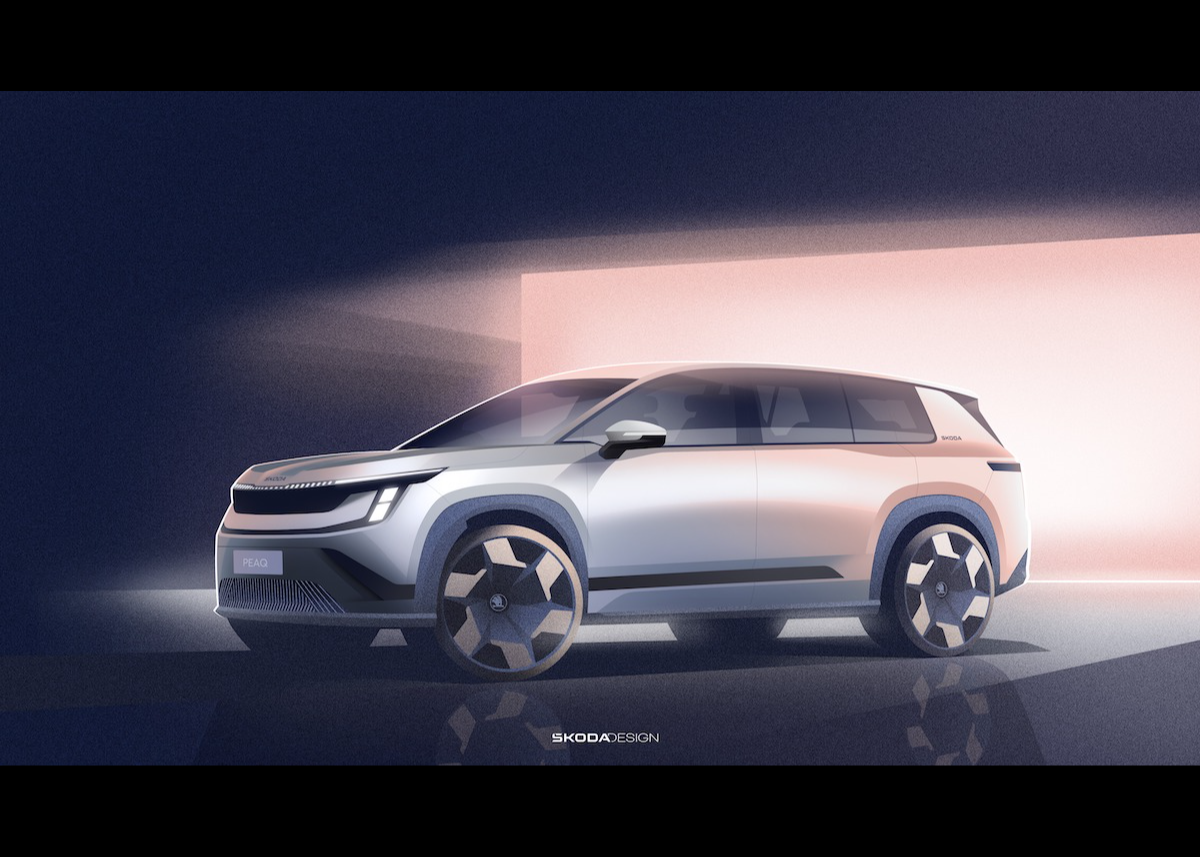 Škoda präsentiert Exterieurskizzen seines neuen elektrischen Siebensitzers Peaq