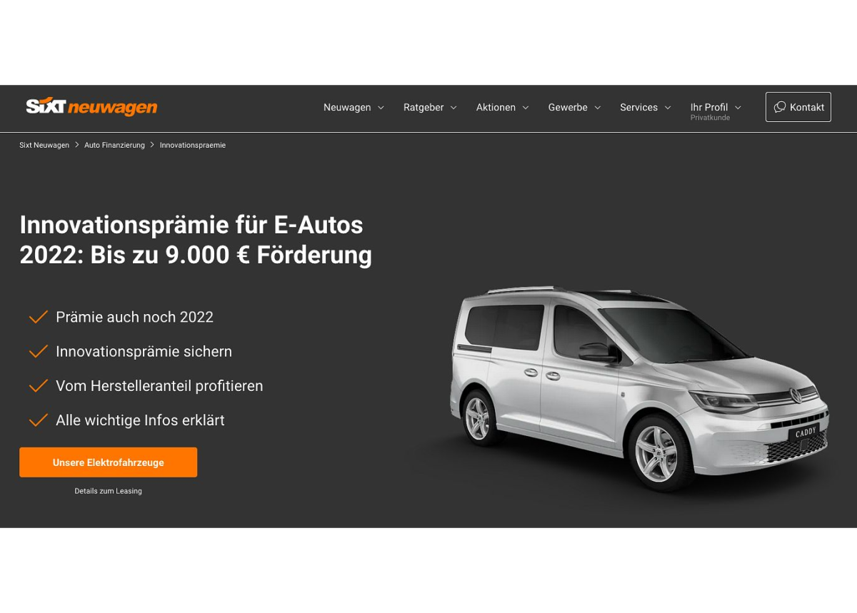 sixt-neuwagen.de garantiert THG-Prämie für Elektroautos von mindestens 365 Euro für 2022